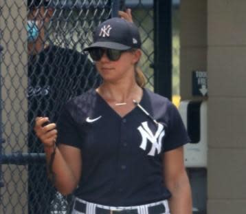 Then-Yankees hitting coach Rachel Balkovec monitors the action during the Florida Complex League (FCL) game between the FCL Blue Jays and the FCL Yankees on June 29, 2021 at the Yankees Minor League Complex in Florida. / Credit: Photo by Cliff Welch / Icon Sportswire via Getty Images