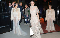 <p><b>When: Jan. 16, 2017</b> <br> A few days later, Kim and Kendall donned matching see-through couture gowns for a reported cameo appearance in “Ocean’s Eight.” Kim opted for a white sheer Givenchy gown from the Fall 2010 couture collection, and paired it with a furry coat while Kendall looked stunning in a sheer lace Elie Saab dress. <i> {Photos: Instagram/kuwtkjen (L) /Rex (R)} </i> </p>