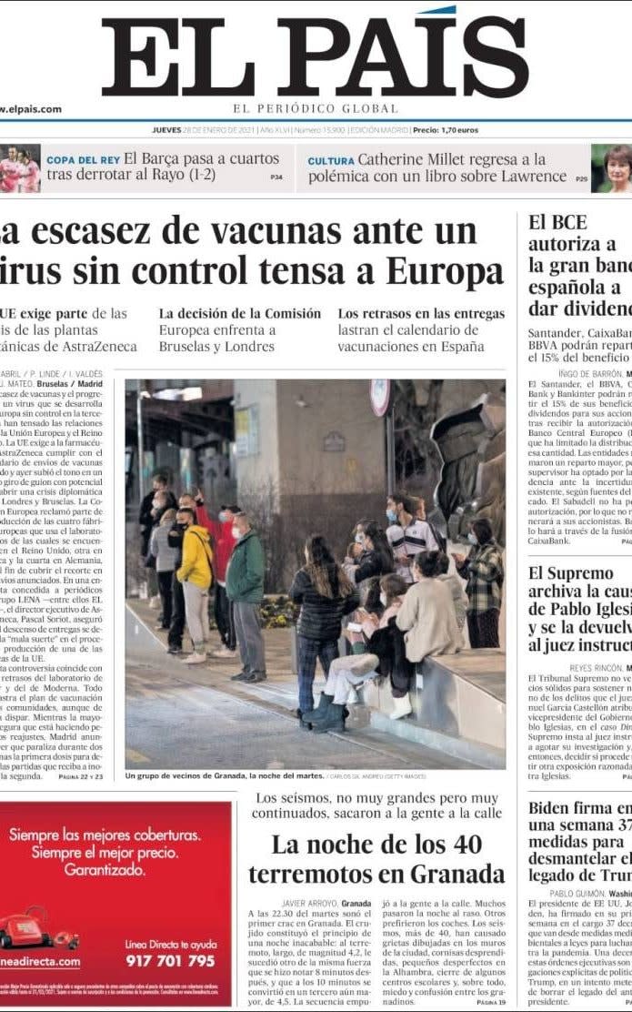 The front page of El Pais on Thursday  - El Pais