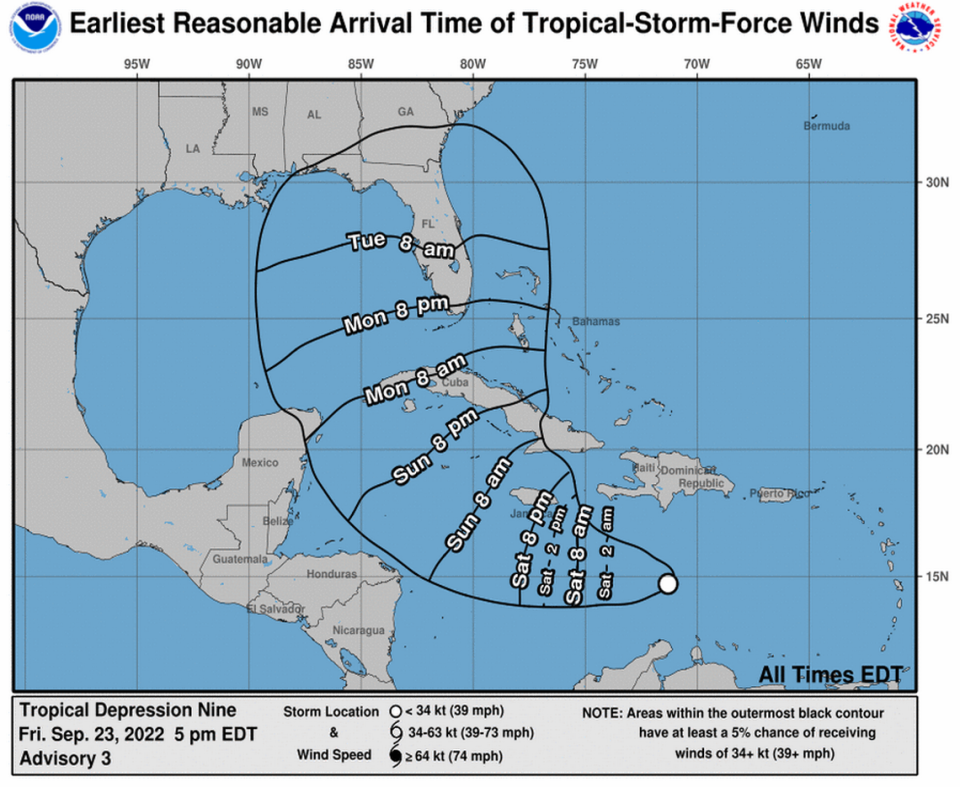 Wind forecast for Tropical Depression 9 as of 5 p.m. Friday