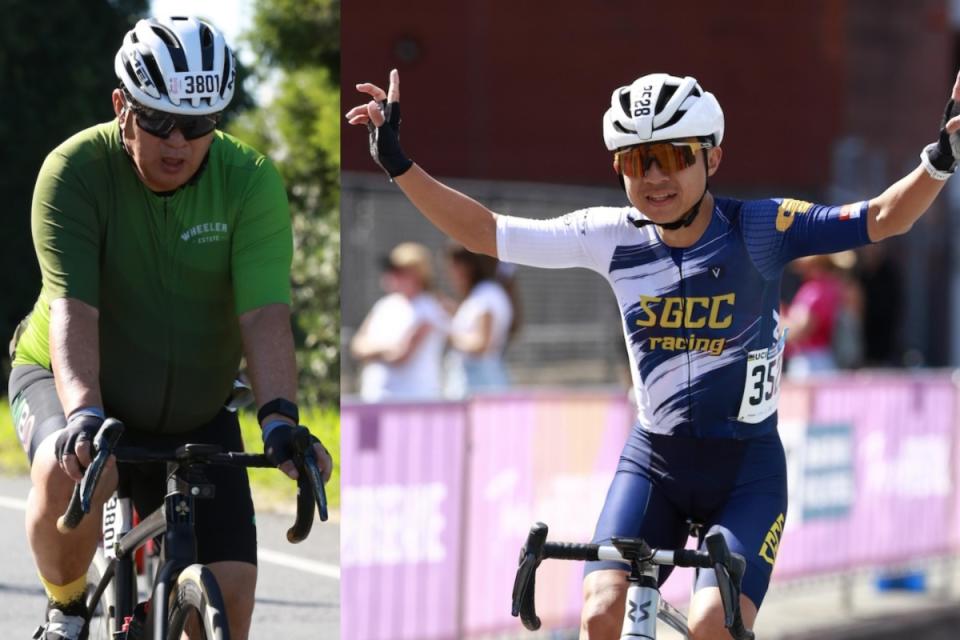 Singapore cycling enthusiasts Ong Tiong Choon (left) and Pek Ke Bin at the 2024 Tour de Brisbane. (PHOTOS: Cheryl Tay)