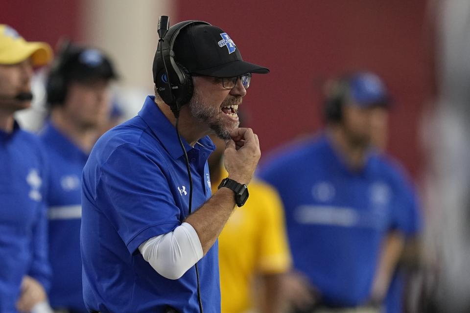Indiana State coach Curt Mallory watches during the first half of the team's NCAA college football game against Indiana, Friday, Sept. 8, 2023, in Bloomington, Ind. (AP Photo/Darron Cummings)