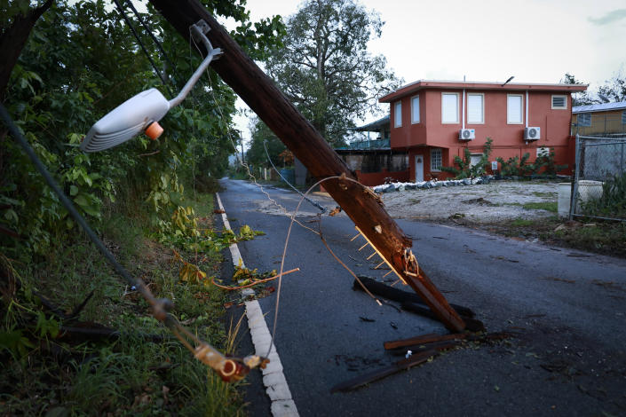 A downed electricity pole on September 20, 2022 in Cabo Rojo, Puerto Rico. (Photo by Jose Jimenez/Getty Images)