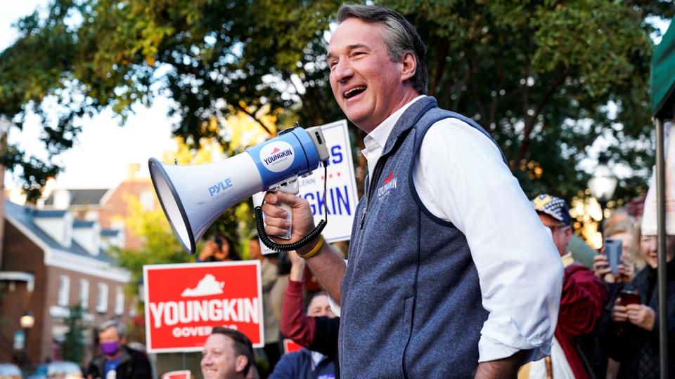 Virginia Republican gubernatorial nominee Glenn Youngkin speaks during a campaign event in Alexandria on Oct. 30.