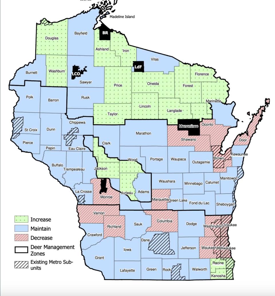 A map of Wisconsin deer management units and zones.