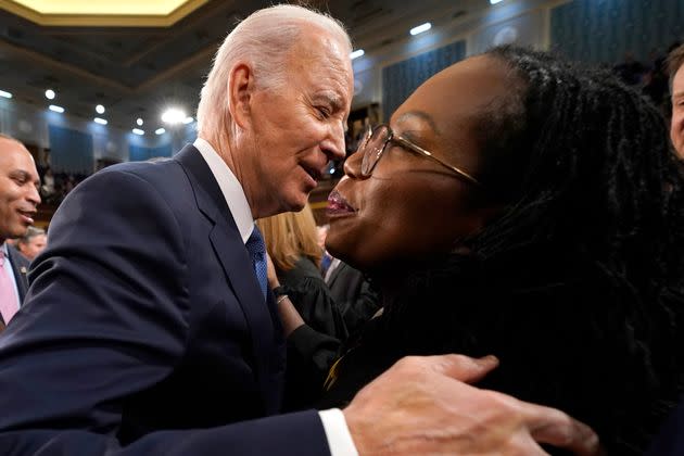 Biden hugs Supreme Court Justice Ketanji Brown Jackson at the U.S. Capitol on March 1, 2023, in Washington. Biden is known for embracing friends and allies.