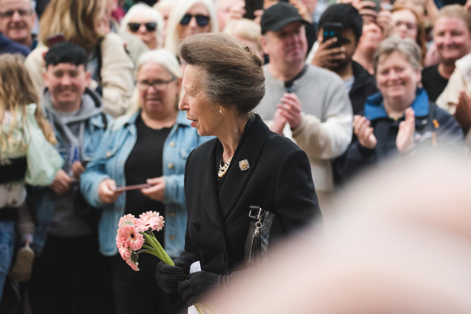Britain's Princess Anne views tributes to Queen Elizabeth in Glasgow, United Kingdom, on September 15, 2022. (Photo by Dylan Morrison/NurPhoto via Getty Images)