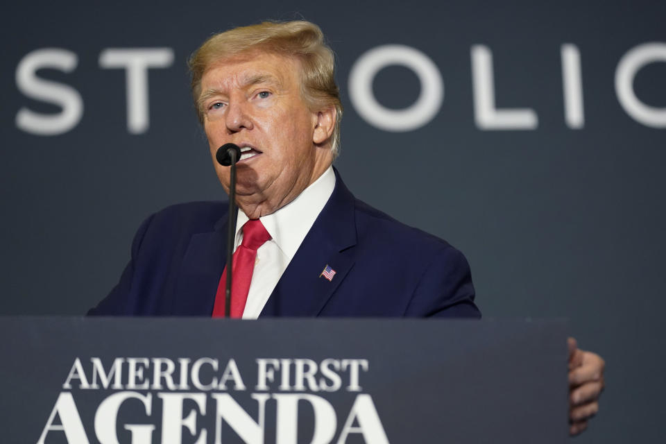 FILE - Former President Donald Trump speaks at an America First Policy Institute agenda summit at the Marriott Marquis in Washington, July 26, 2022. A newly released FBI document helps flesh out the contours of an investigation into classified documents at Trump’s Florida estate. But plenty of questions remain, especially since half the document was blacked out. (AP Photo/Andrew Harnik, File)