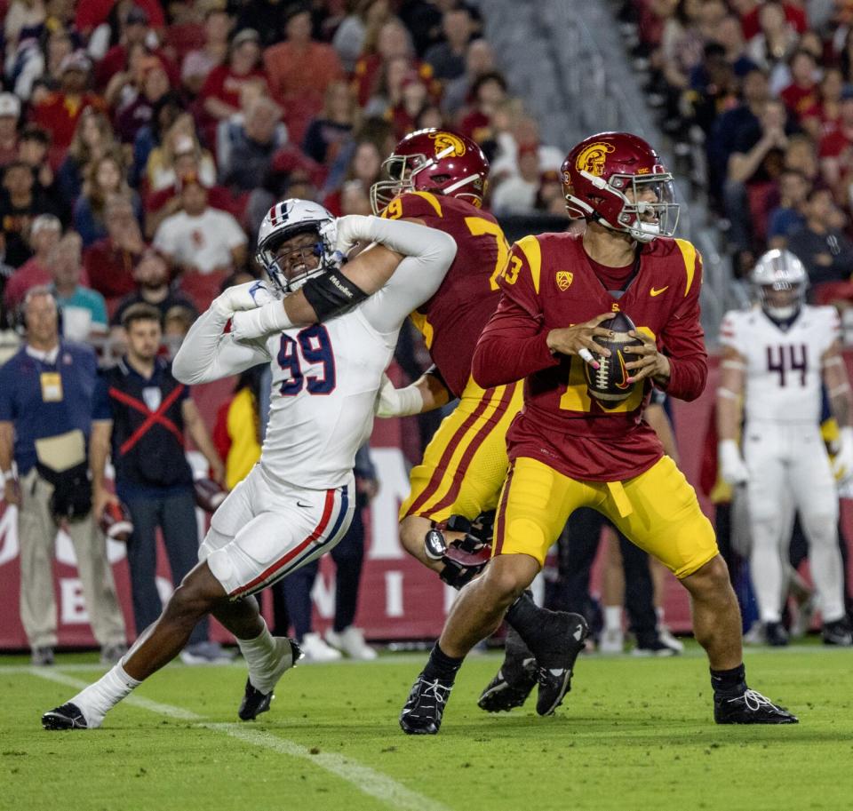 USC quarterback Caleb Williams (13) stands in the pocket against Arizona.