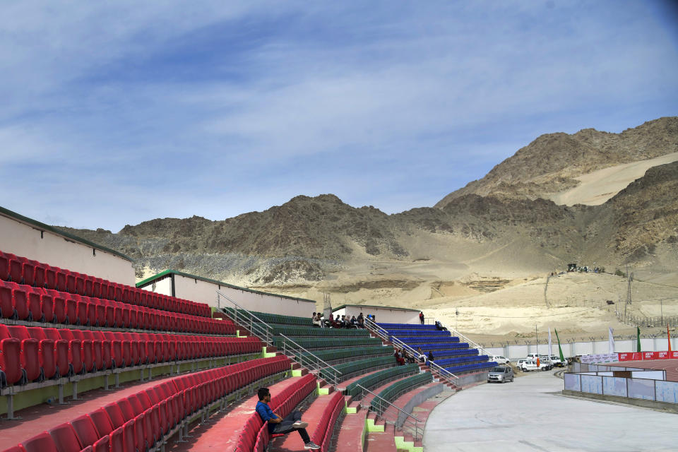 A handful of spectators watch “climate cup” a first of its kind “climate-friendly” soccer tournament on the outskirts of Leh, Ladakh, India, Tuesday, Sept.5, 2023. The organizers say the matches are first in Asia to be held at an altitude of 11,000 feet, about 3,350 meters, and with a minimum carbon footprint. Ladakh is an ecologically fragile territory where oxygen is thin, and breathing is hard. (AP Photo/Stanzin Khakyab)