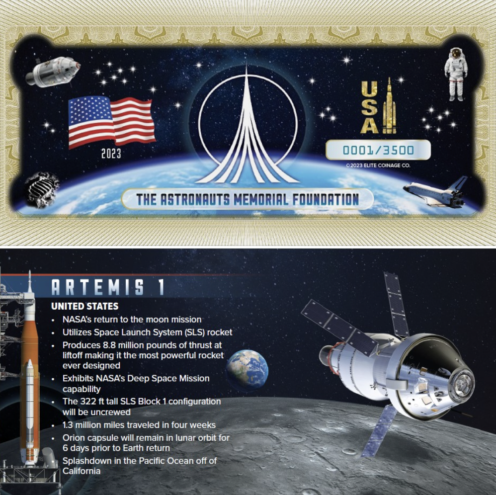 The front and rear of the Astronauts Memorial Foundation note made in partnership with Elite Coinage.