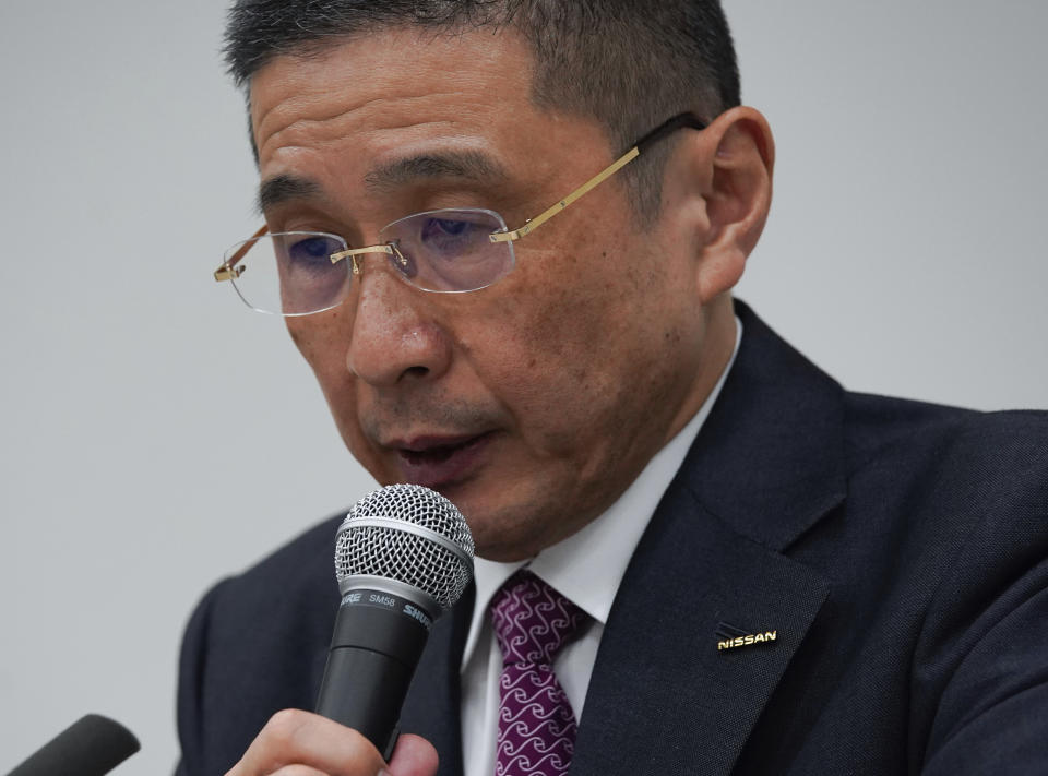 Nissan Motor Co. President and Chief Executive Officer Hiroto Saikawa speaks during a press conference at Nissan Motor Co. Global Headquarter Monday Nov. 19, 2018, in Yokohama, near Tokyo. Saikawa said Monday that Nissan Chairman Carlos Ghosn, who helped turn around the carmaker over two decades, has been arrested and will be dismissed for allegedly under-reporting his income and misusing company funds. (AP Photo/Shuji Kajiyama)