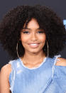 <p>Fellow curly girl and BFF in all of our heads, Yara Shahidi wows with slithers of blue eyeliner to match her denim ensemble. (Photo: Getty Images) </p>