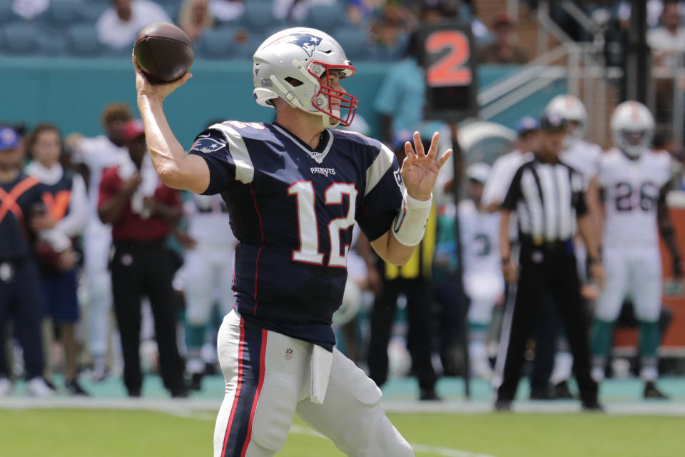 New England Patriots quarterback Tom Brady (12) looks to pass, during the first half at an NFL football game against the Miami Dolphins, Sunday, Sept. 15, 2019, in Miami Gardens, Fla. (AP Photo/Lynne Sladky)