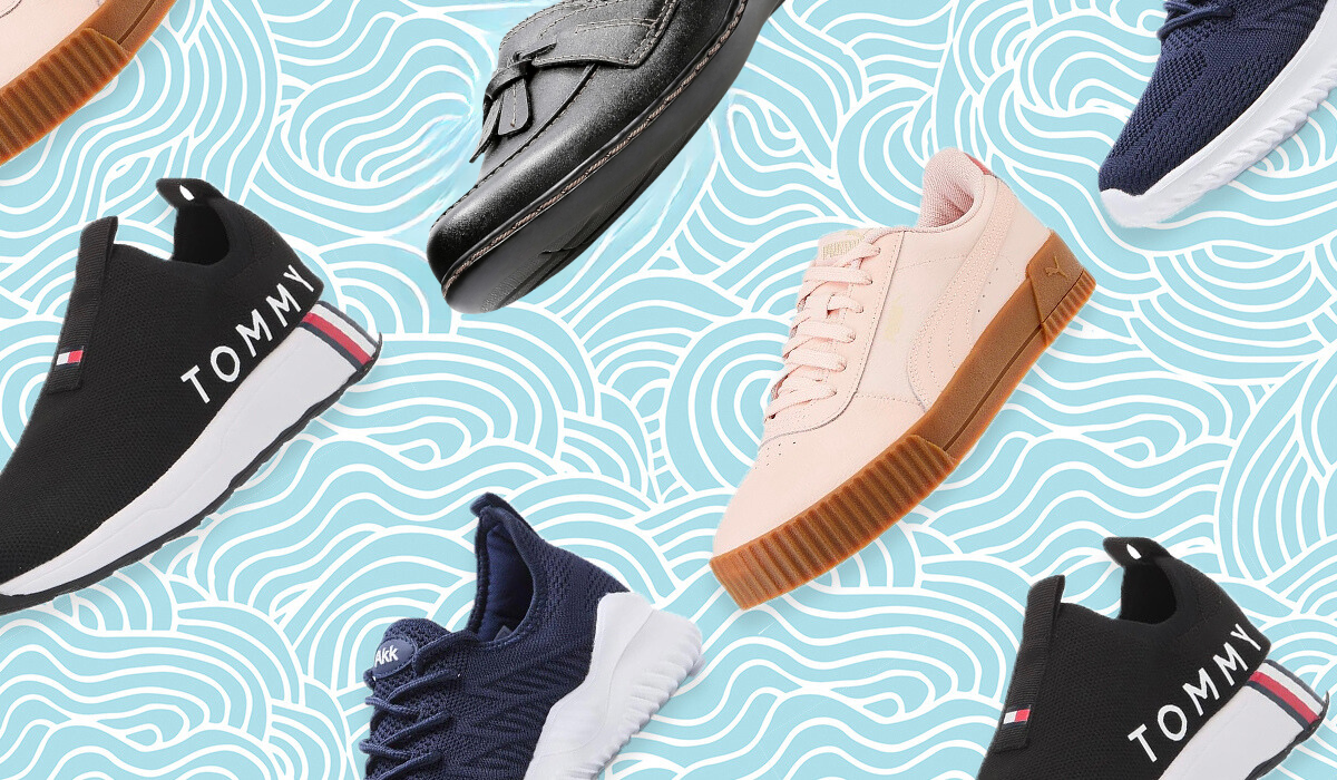 variety of shoes and sneakers against a blue and white wavy background