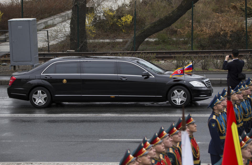 North Korean leader Kim Jong Un's limousine arrives for a wreath-laying ceremony in Vladivostok, Russia, Friday, April 26, 2019. German automaker Daimler, which makes armored limousines used by North Korean leader Kim Jong Un, says it has no idea where he got them and has no business dealings with the North. (AP Photo/Alexander Khitrov)