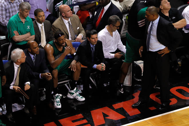 MIAMI, FL - MAY 30: Paul Pierce #34 of the Boston Celtics talks with head coach Doc Rivers (R) after Pierce fouled out in the fourth quarter against the Miami Heat in Game Two of the Eastern Conference Finals in the 2012 NBA Playoffs on May 30, 2012 at American Airlines Arena in Miami, Florida. NOTE TO USER: User expressly acknowledges and agrees that, by downloading and or using this photograph, User is consenting to the terms and conditions of the Getty Images License Agreement. (Photo by J. Meric/Getty Images)