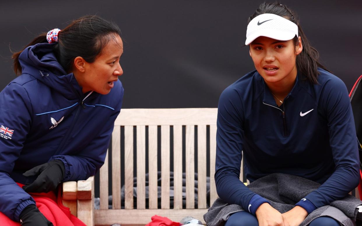 Emma Raducanu speaks with Anne Keothavong during the Billie Jean King Cup play-off match on April 16, 2022 in Prague