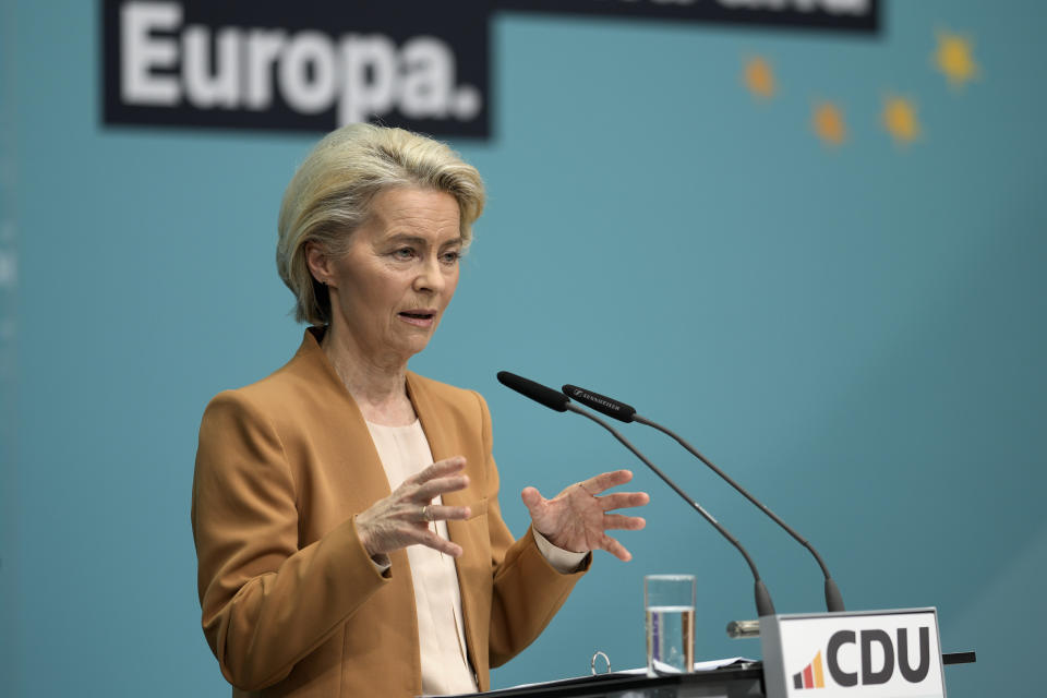 Ursula von der Leyen, President of the European Commission, talks to the media during a press conference after a board meeting of the Christian Democratic Union (CDU) in Berlin, Germany, Monday, Feb. 19, 2024. Ursula von der Leyen announced her intention to run for a second term as EU commission president. (AP Photo/Markus Schreiber)