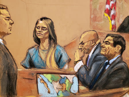 Lucero Guadalupe Sanchez Lopez, girlfriend (3rd R) of accused Mexican drug lord Joaquin "El Chapo" Guzman (R), testifies as Guzman's defense attorney Eduardo Balarezo (C) and prosecutor Anthony Nardozzi listen, in this courtroom sketch in Brooklyn federal court, in New York City, U.S. January 17, 2019. REUTERS/Jane Rosenberg