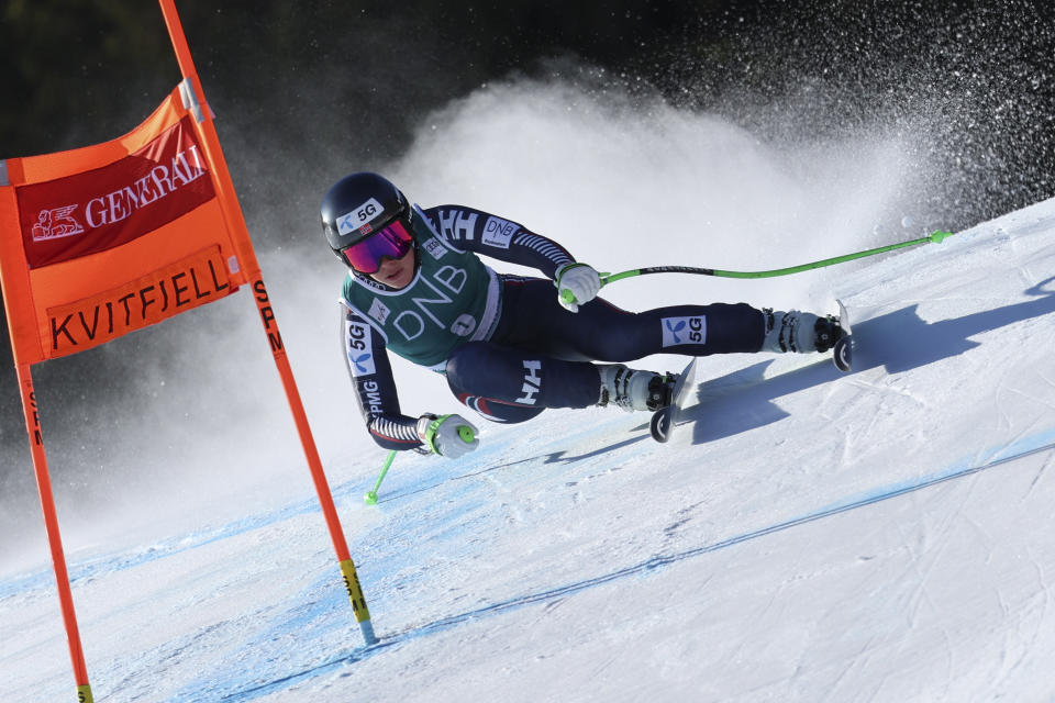 Norway's Kajsa Vickhoff Lie speeds down the course during an alpine ski, World Cup women's downhill race, in Kvitfjell, Norway, Saturday, March 4, 2023. (AP Photo/Marco Trovati)