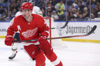 Detroit Red Wings forward Dylan Larkin (71) skates during the second period of an NHL hockey game against the Buffalo Sabres, Thursday, Feb. 6, 2020, in Buffalo, N.Y. (AP Photo/Jeffrey T. Barnes)