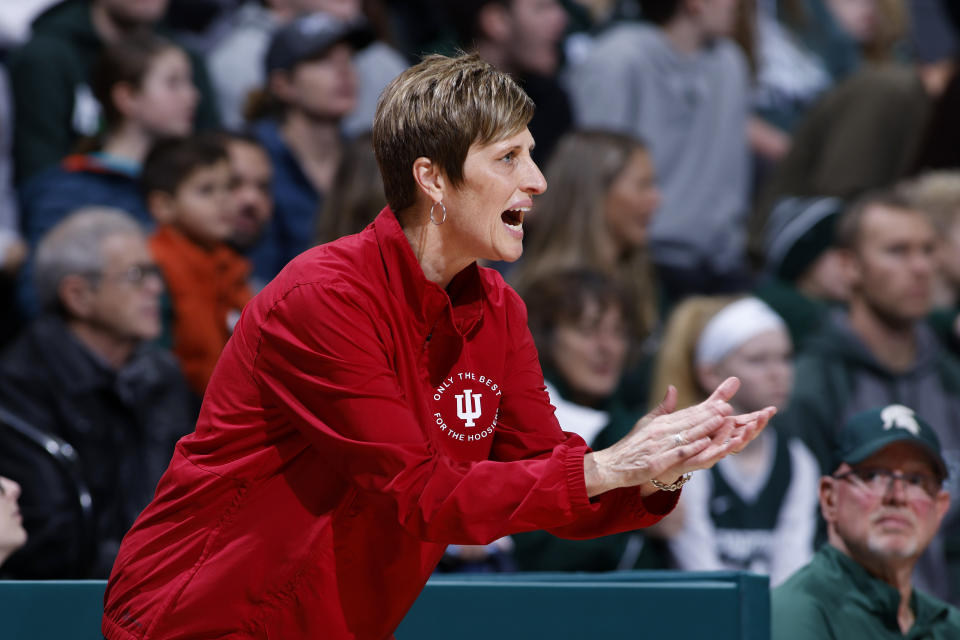 Indiana coach Teri Moren applauds during the first half of the team's NCAA college basketball game against Michigan State on Thursday, Dec. 29, 2022, in East Lansing, Mich. Michigan State won 83-78. (AP Photo/Al Goldis)