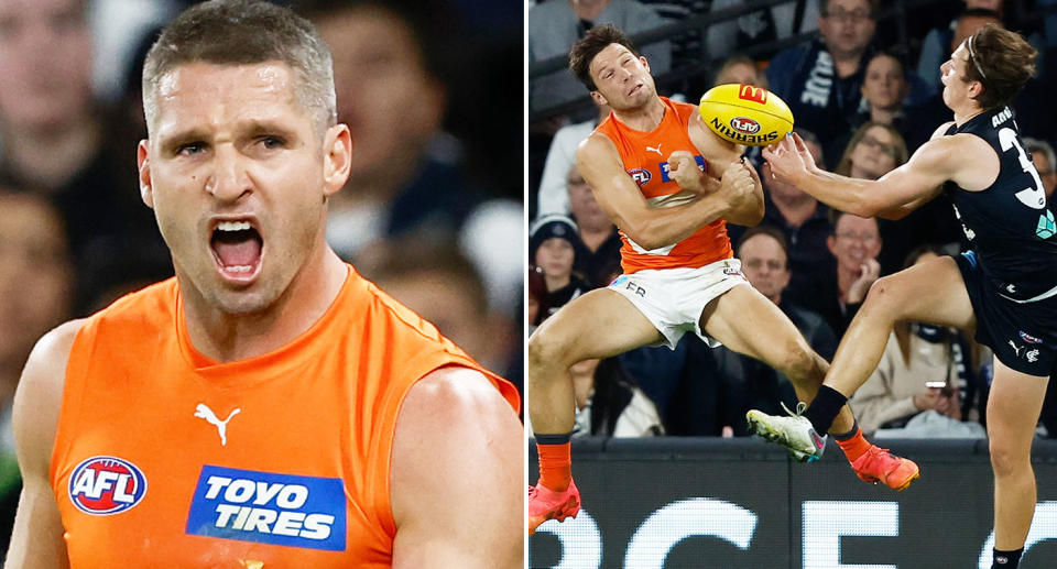 Pictured left to right, GWS stars Jesse Hogan and Toby Greene in the AFL.