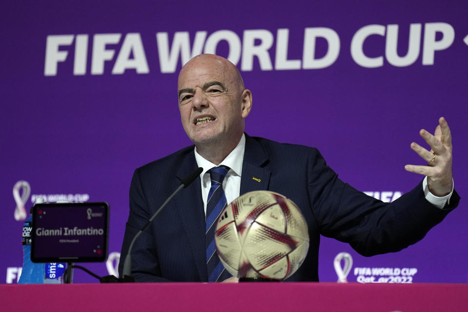 FIFA President Gianni Infantino meets the media at the FIFA World Cup closing press conference in Doha, Qatar, Friday, Dec. 16, 2022. (AP Photo/Martin Meissner)