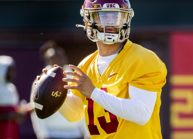 USC quarterback transfer Caleb Williams (13) makes a pass during spring practice