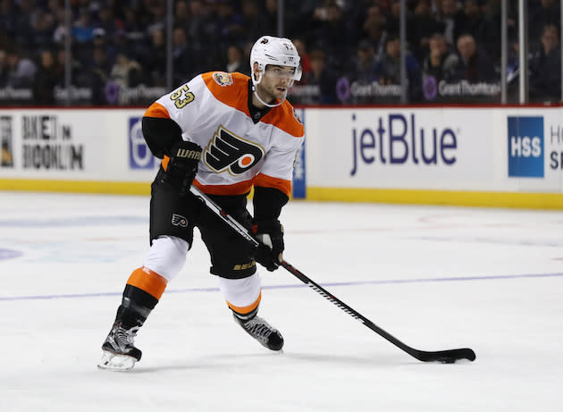 NEW YORK, NY - NOVEMBER 03: Shayne Gostisbehere #53 of the Philadelphia Flyers in action against the New York Islanders during their game at the Barclays Center on November 3, 2016 in New York City. (Photo by Al Bello/Getty Images)