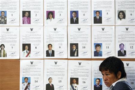 An official sits in front of a board with lists of candidate as she waits for voters at a polling station in Bangkok during a vote to elect a new Senate March 30, 2014. REUTERS/Damir Sagolj