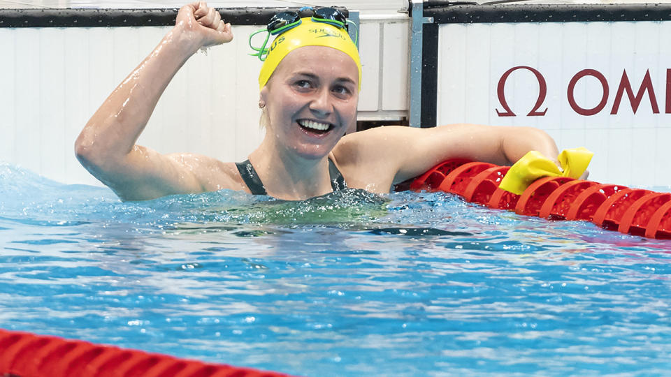 Ariarne Titmus, pictured here after winning gold in the 400m freestyle.