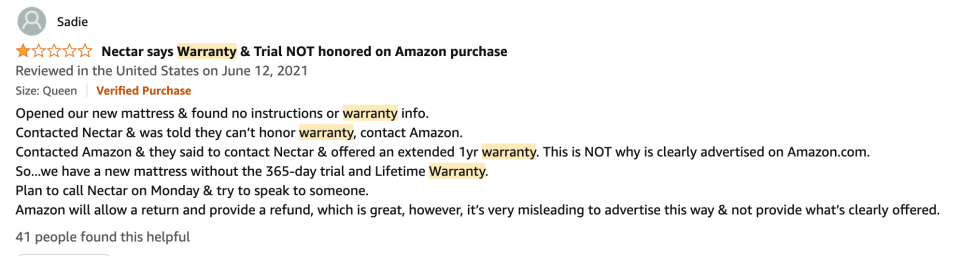 A screen cap of a disgruntled customer whose Nectar warranty isn't honored by Amazon