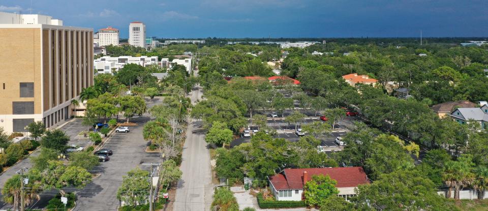 The Sarasota County administrative building, on the left, and it's parking lots below. The Laurel Park residents are opposed to the idea of the Benderson redevelopment.