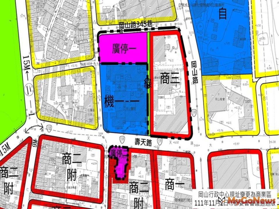 ▲將區公所現址變更為商業區，基地面積6,290㎡(建蔽率70％，容積率400％)，開發時一併完成廣停及綠帶公共設施(圖/高雄市政府)