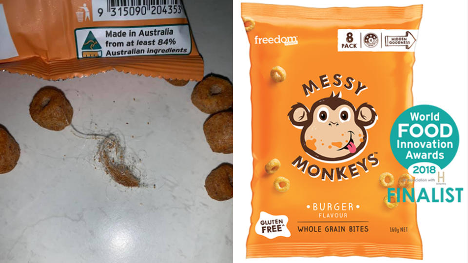 The mum shared a photo of the so-called hairball (left). On the right is a packet of the Messy Monkeys chips.