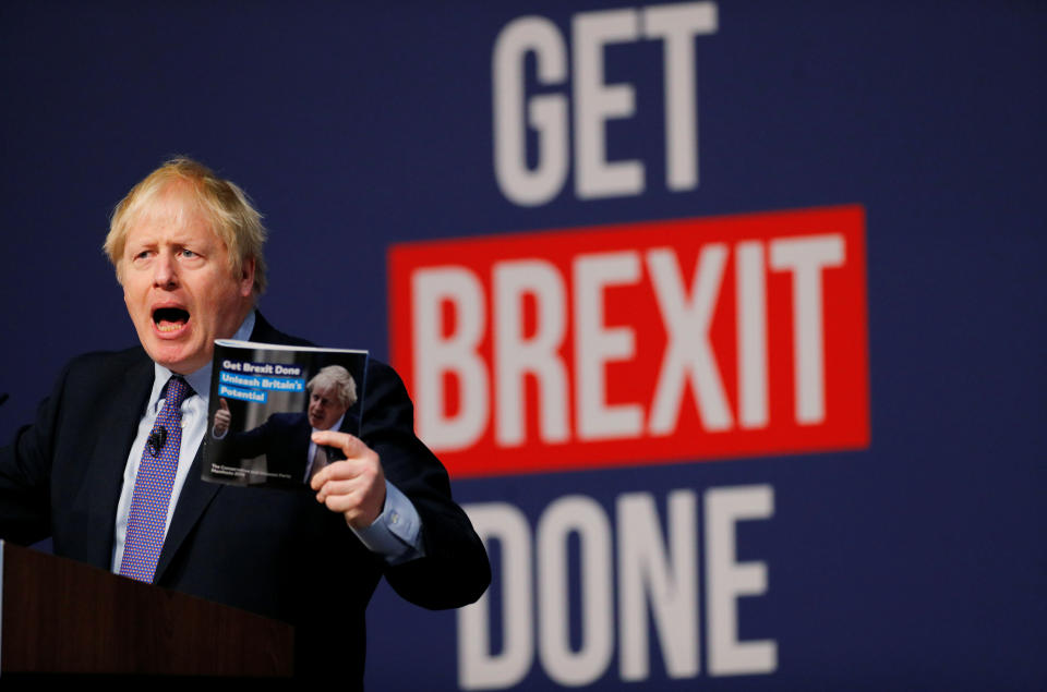 Britain's Prime Minister Boris Johnson speaks at the Conservative party's manifesto launch in Telford, Britain November 24, 2019. REUTERS/Phil Noble