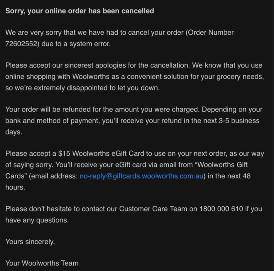 Some shoppers were upset they had to wait up to five days to be reimbursed after their order was cancelled. Source: Facebook