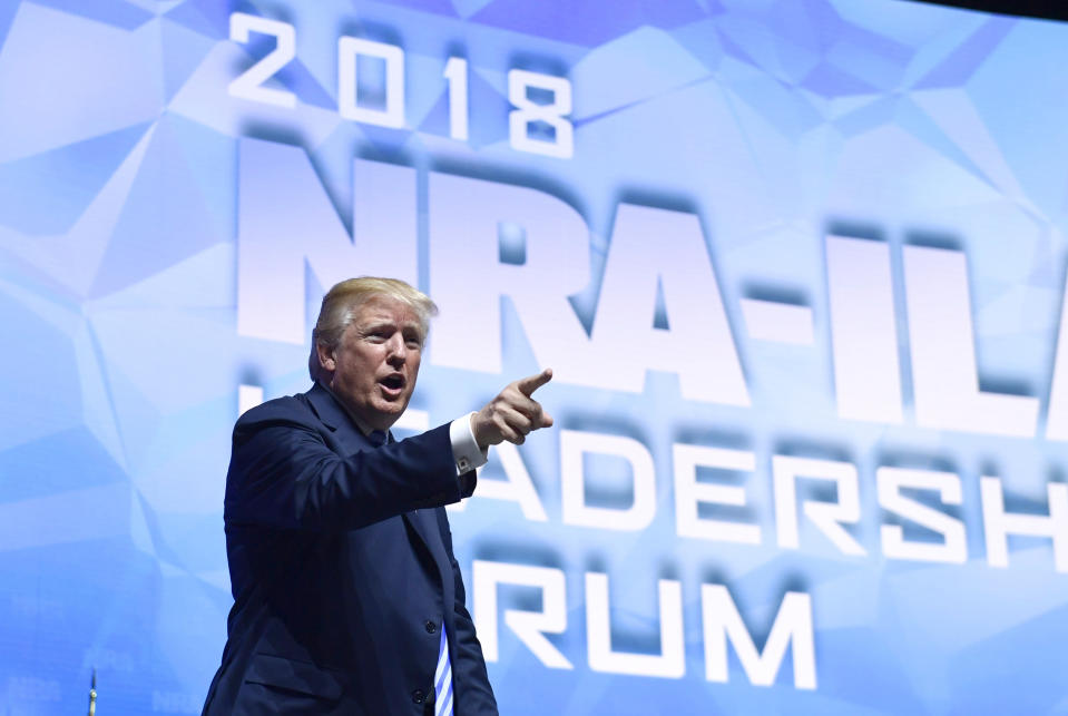 FILE - In this May 4, 2018, file photo, President Donald Trump speaks at the National Rifle Association annual convention in Dallas. The organization has been closely aligned with Trump, who will be addressing the 2019 NRA annual meeting, the third consecutive year he’s appeared before the group. (AP Photo/Susan Walsh, File)