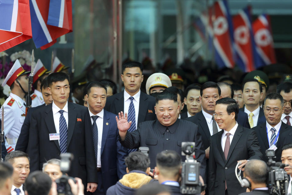 In this Feb. 27, 2019, photo,North Korean leader Kim Jong Un waves upon arrival by train in Dong Dang in Vietnamese border town, ahead of his second summit with U.S. President Donald Trump. (AP Photo/Minh Hoang, File)
