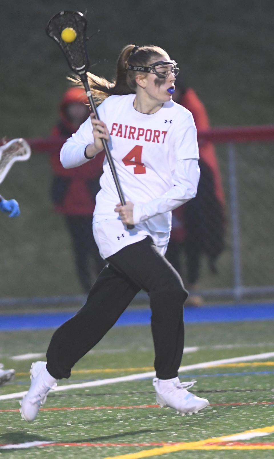 Lily Kondas, shown here in a 2022 game, scored four goals to lead Fairport past Lancaster in Saturday's Class A state quarterfinal.