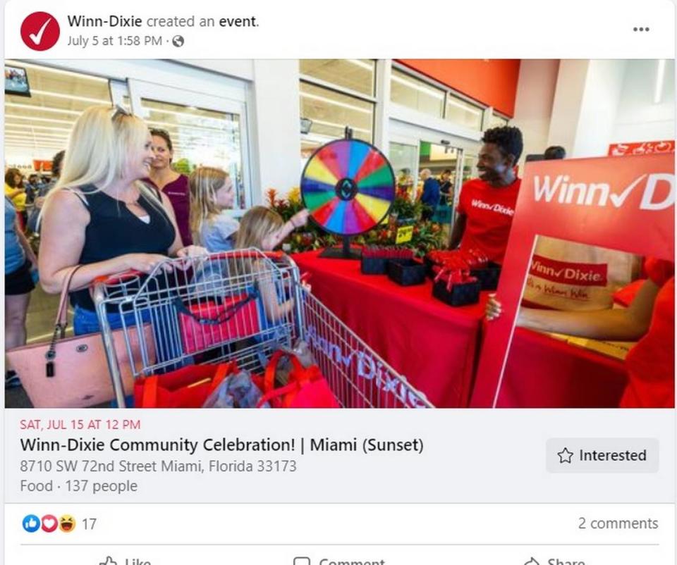 The reintroduced and restored Winn-Dixie at the Sunset West Shopping Center, 8710 SW 72nd Ave., in Miami, will have community celebration events on opening day, July 12, 2023, and July 15. Details on the chain’s Facebook page.