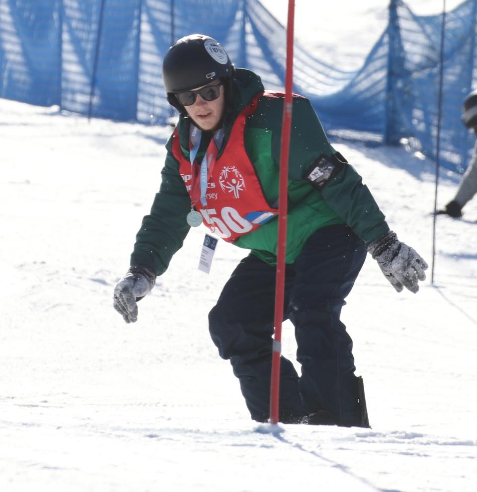 Vernon, NJ -- February 6, 2024 -- Ricky Socolich of Rockaway Twp. competes in Snowboarding. The Special Olympics New Jersey 2024 Winter Games Winter Games Competitions took place at Mountain Creek in Vernon, NJ of February 6, 2024.