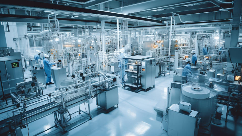 A factory floor filled with specialized drug manufacturing machinery and workers.