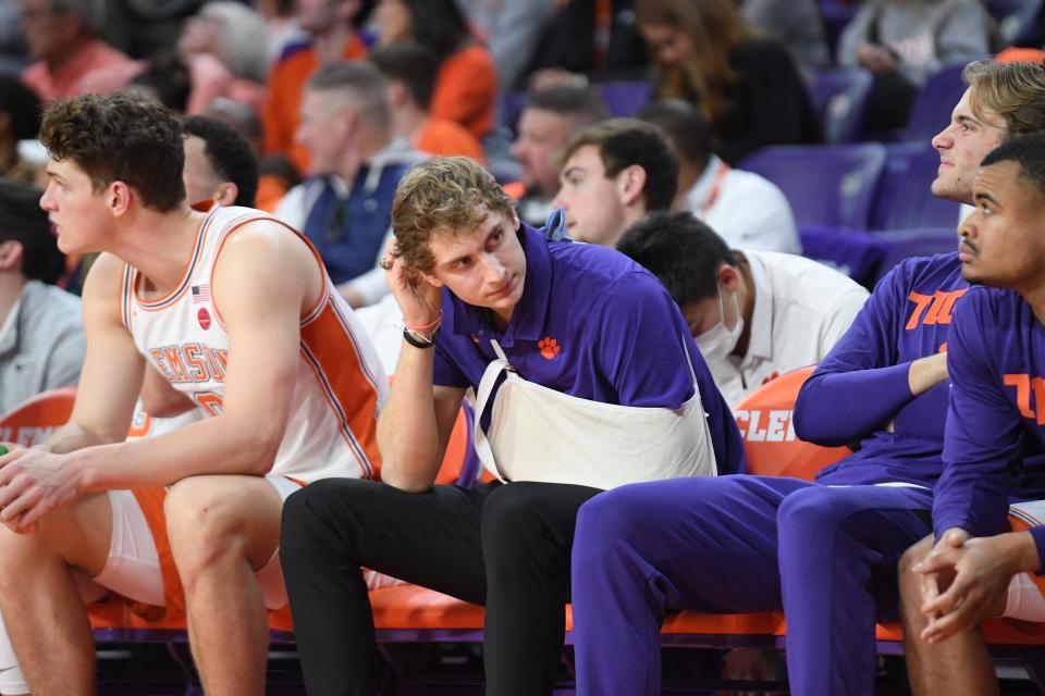 Clemson senior Hunter Tyson wearing a sling last season after injuring his collarbone.