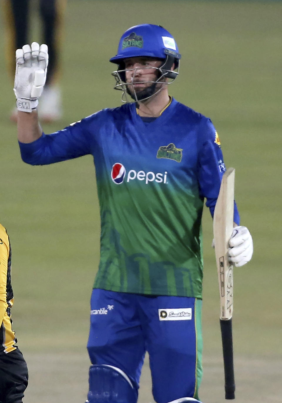 Multan Sultans' James Vince celebrates after scoring fifty during a Pakistan Super League T20 cricket match between Multan Sultans and Peshawar Zalmi at the National Stadium, in Karachi, Pakistan, Tuesday, Feb. 23, 2021. (AP Photo/Fareed Khan),