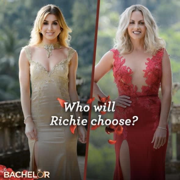 During last year's Bachelor finale, winner Alex Nation wore a gold dress, while runner-up Nikki stunned in red. Source: Channel Ten