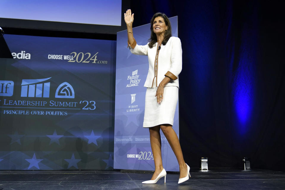 Republican presidential candidate former U.N. Ambassador Nikki Haley walks on stage during the Family Leadership Summit, Friday, July 14, 2023, in Des Moines, Iowa. (Charlie Neibergall / AP)
