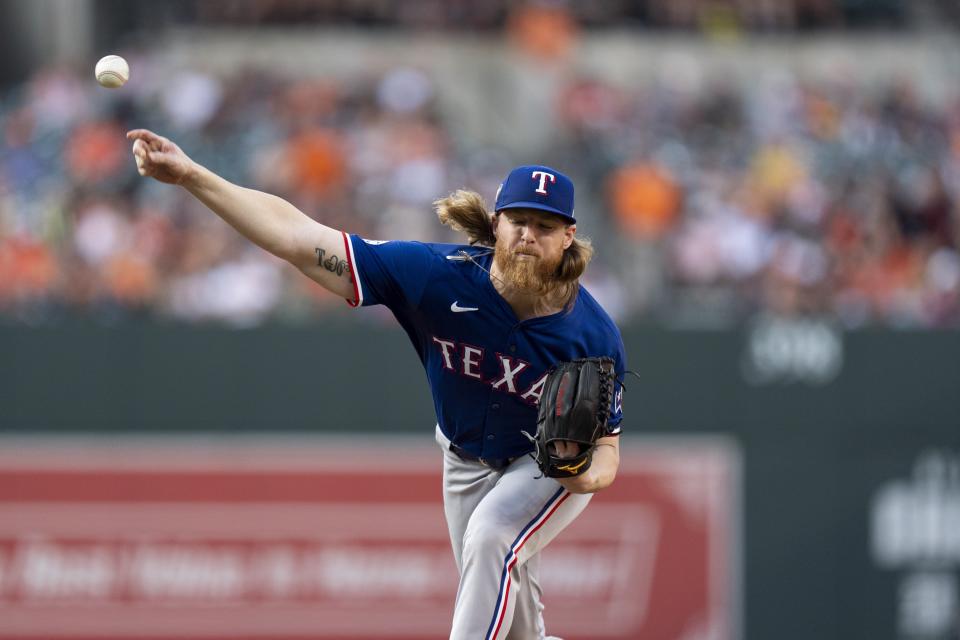 Texas Rangers starting pitcher Jon Gray delivers during the second inning of the team's baseball game against the Baltimore Orioles, Thursday, June 27, 2024, in Baltimore. (AP Photo/Stephanie Scarbrough)